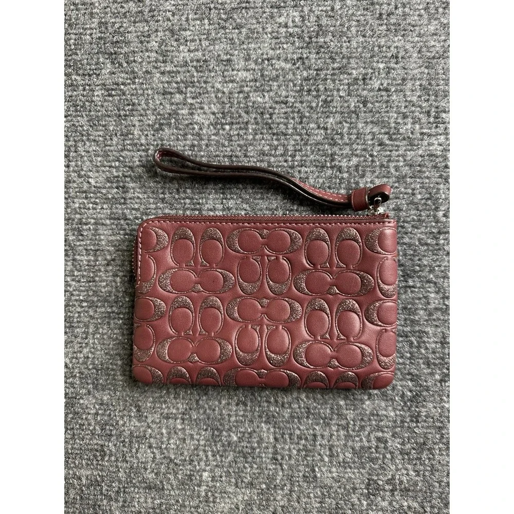Womens Wristlet Coach Signature C Glitter Burgundy Leather, Size One Size